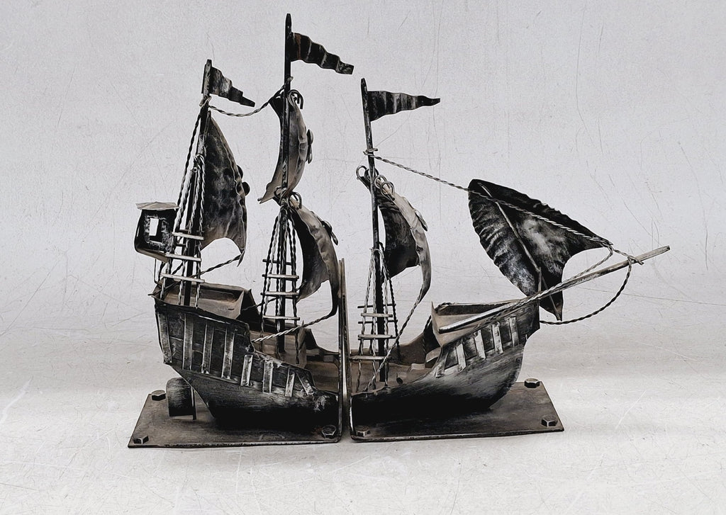 Vintage Metal Sailing Ship Galleon Bookends with Detailed Nautical Design