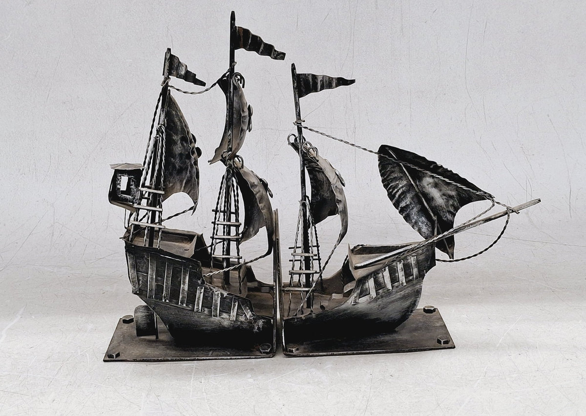 Vintage Metal Sailing Ship Galleon Bookends with Detailed Nautical Design