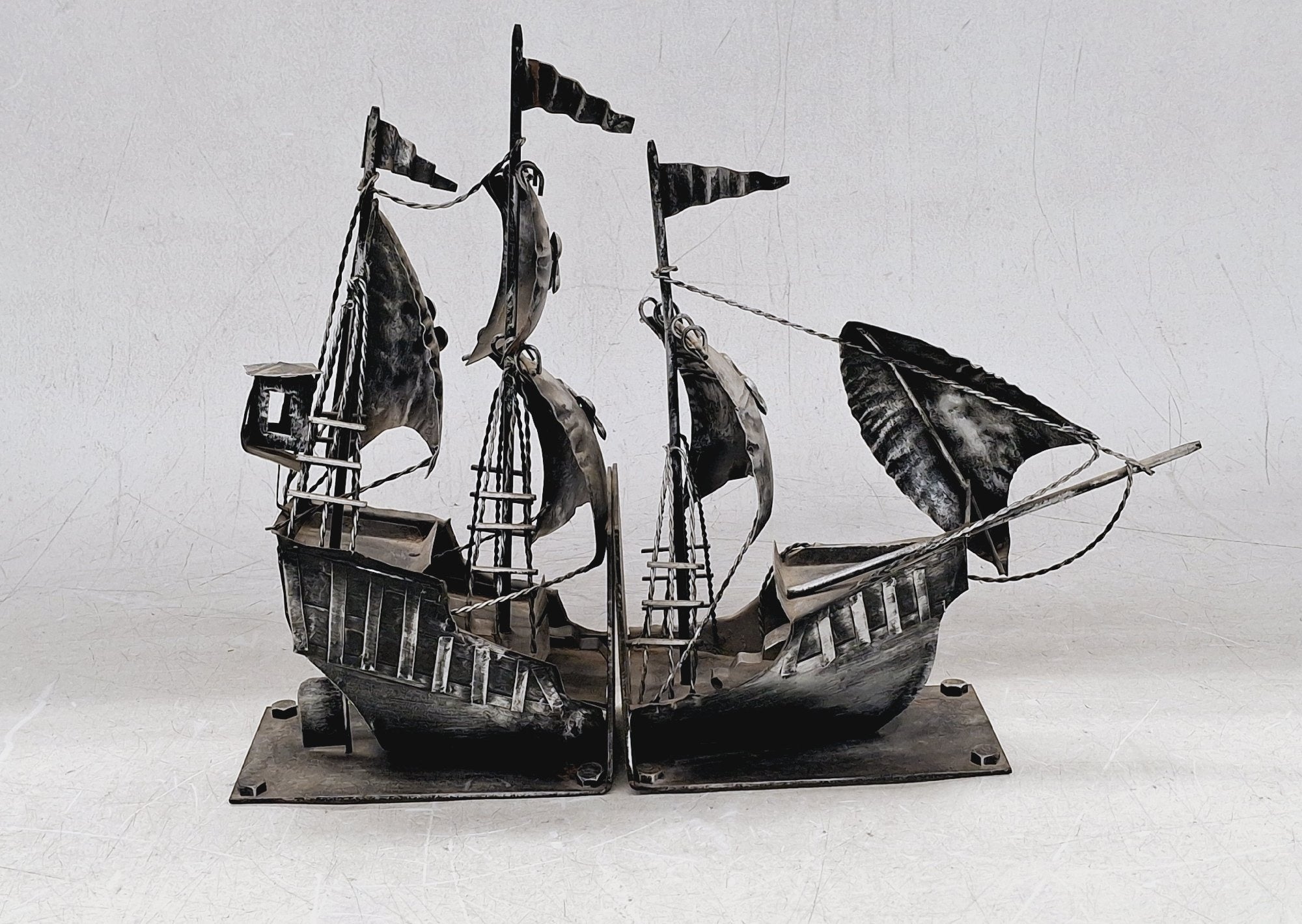 Vintage Metal Sailing Ship Galleon Bookends with Detailed Nautical Design