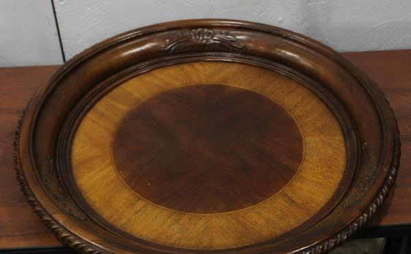 24 Inch Round Wooden Serving Tray Carved Rope Rim
