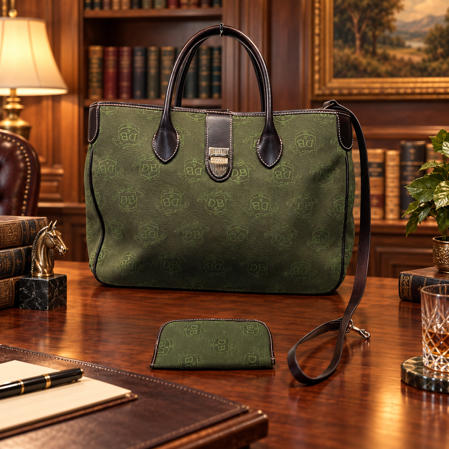 Olive green DB signature canvas tote with brown leather trim and matching eyeglasses case