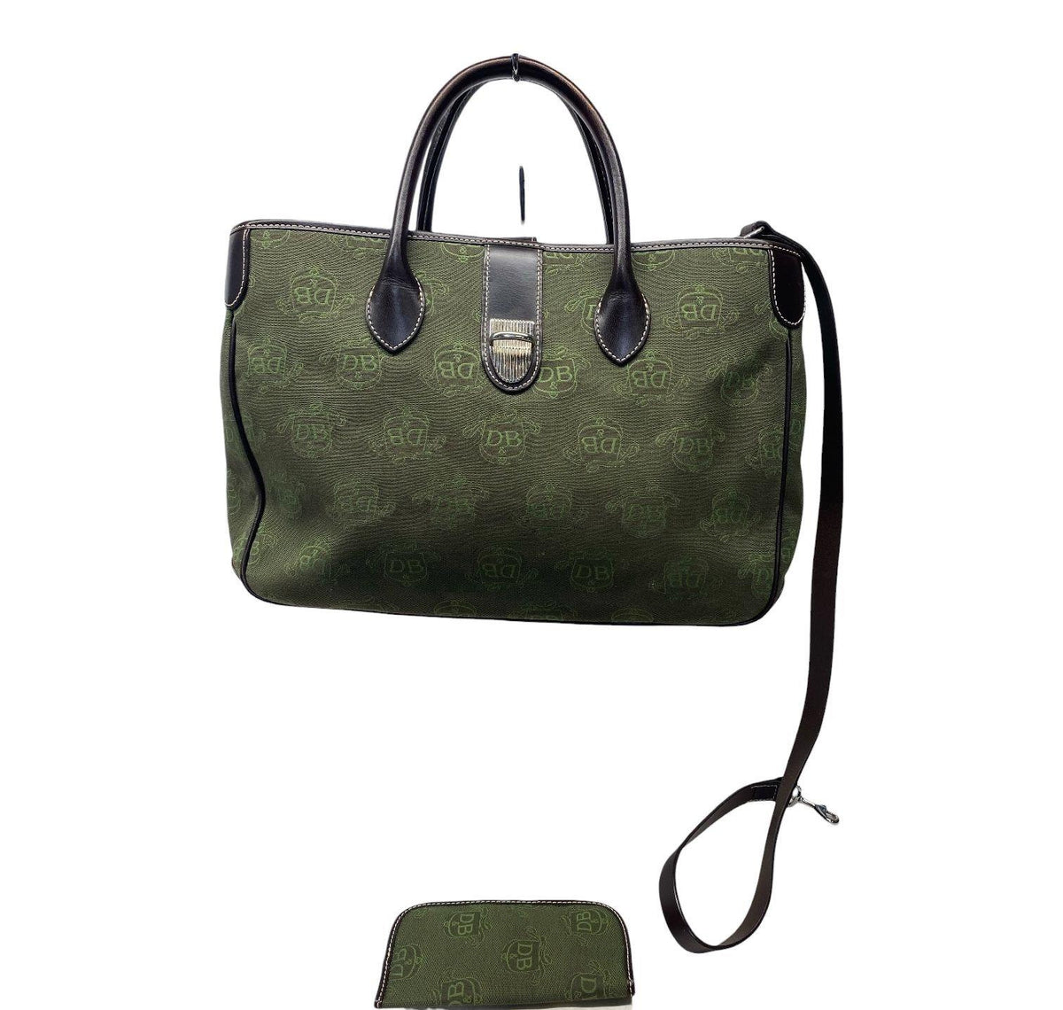 Olive green DB signature canvas tote with brown leather trim and matching eyeglasses case, view 2