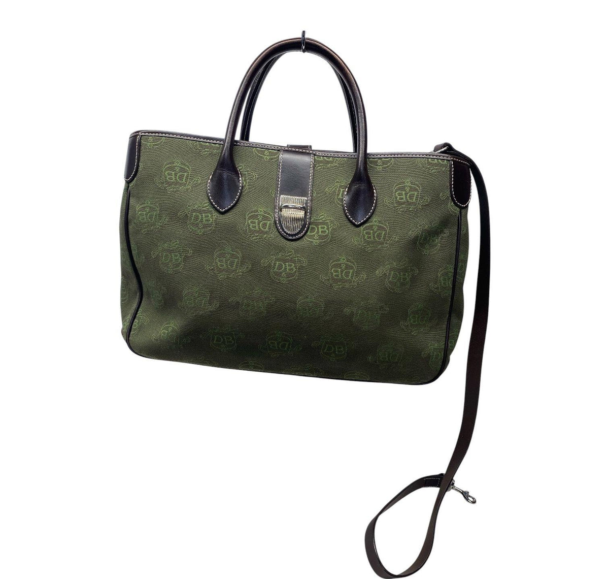 Olive green DB signature canvas tote with brown leather trim and matching eyeglasses case, view 3