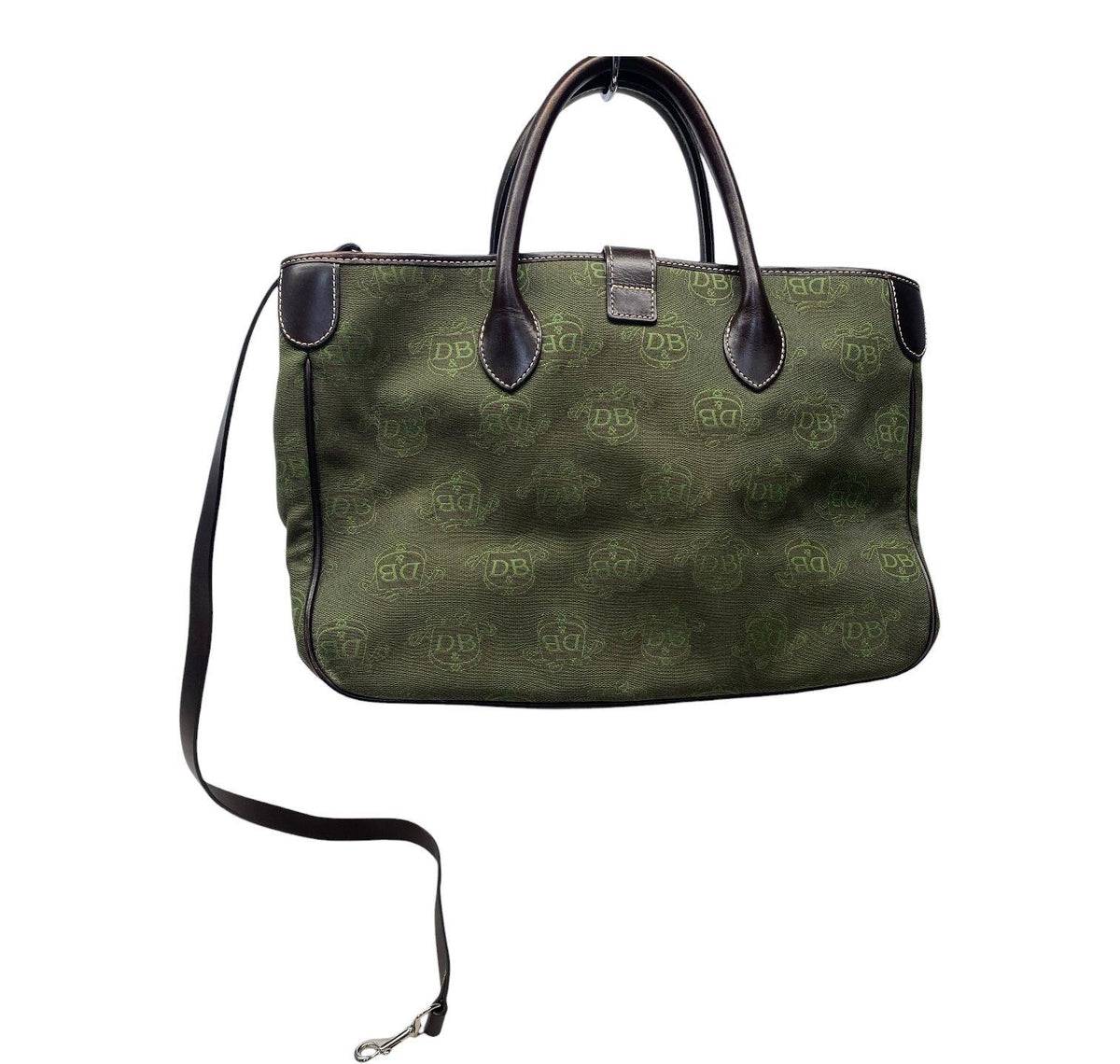 Olive green DB signature canvas tote with brown leather trim and matching eyeglasses case, view 4