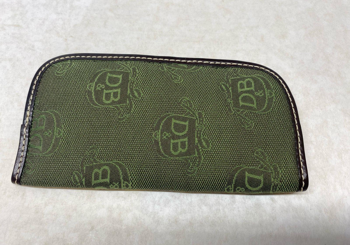 Olive green DB signature canvas tote with brown leather trim and matching eyeglasses case, view 9