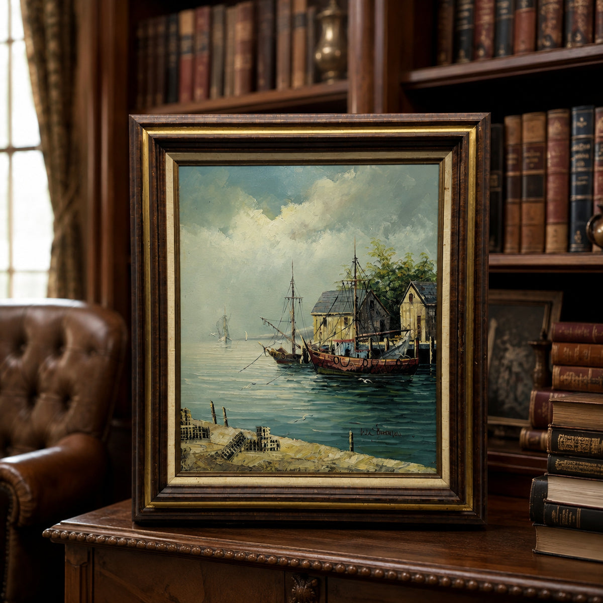 Harbor scene painting of fishing boats at docks in dark wood frame with gold-tone inner border
