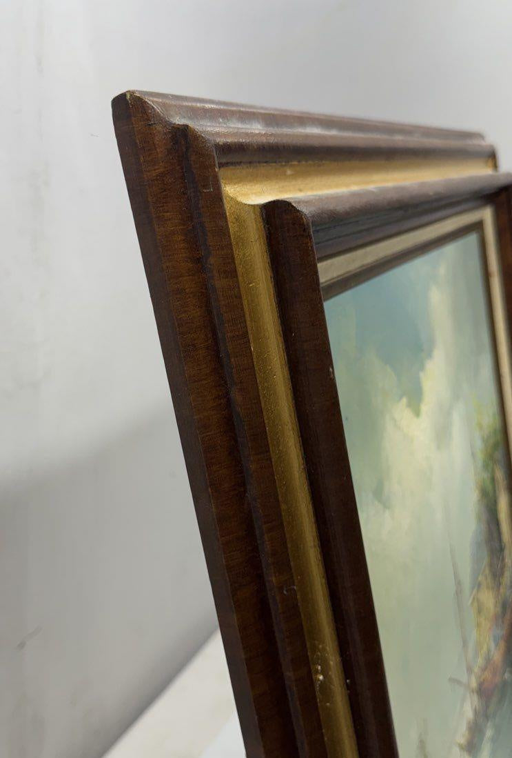 Harbor scene painting of fishing boats at docks in dark wood frame with gold-tone inner border, view 4