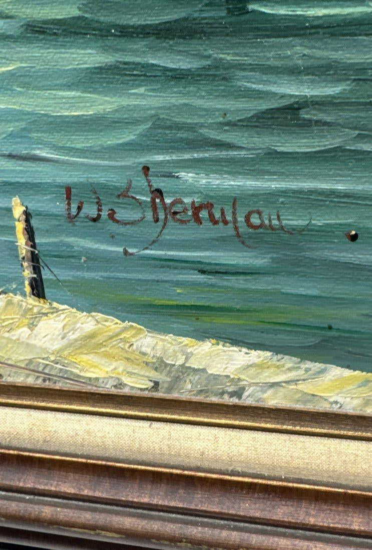 Harbor scene painting of fishing boats at docks in dark wood frame with gold-tone inner border, view 7