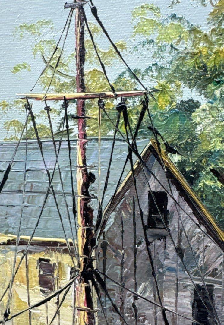 Harbor scene painting of fishing boats at docks in dark wood frame with gold-tone inner border, view 8