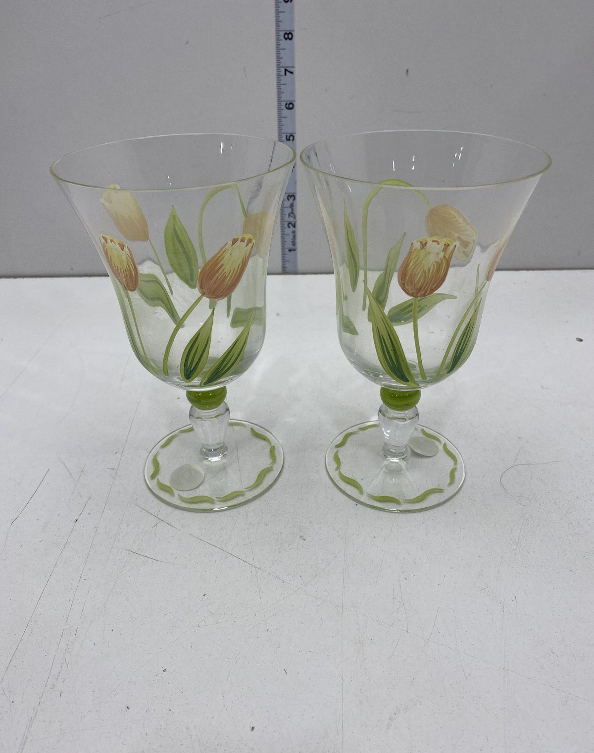 Two clear Princess House Cottage Tulip goblets painted with yellow tulips and green leaves, with box, view 3