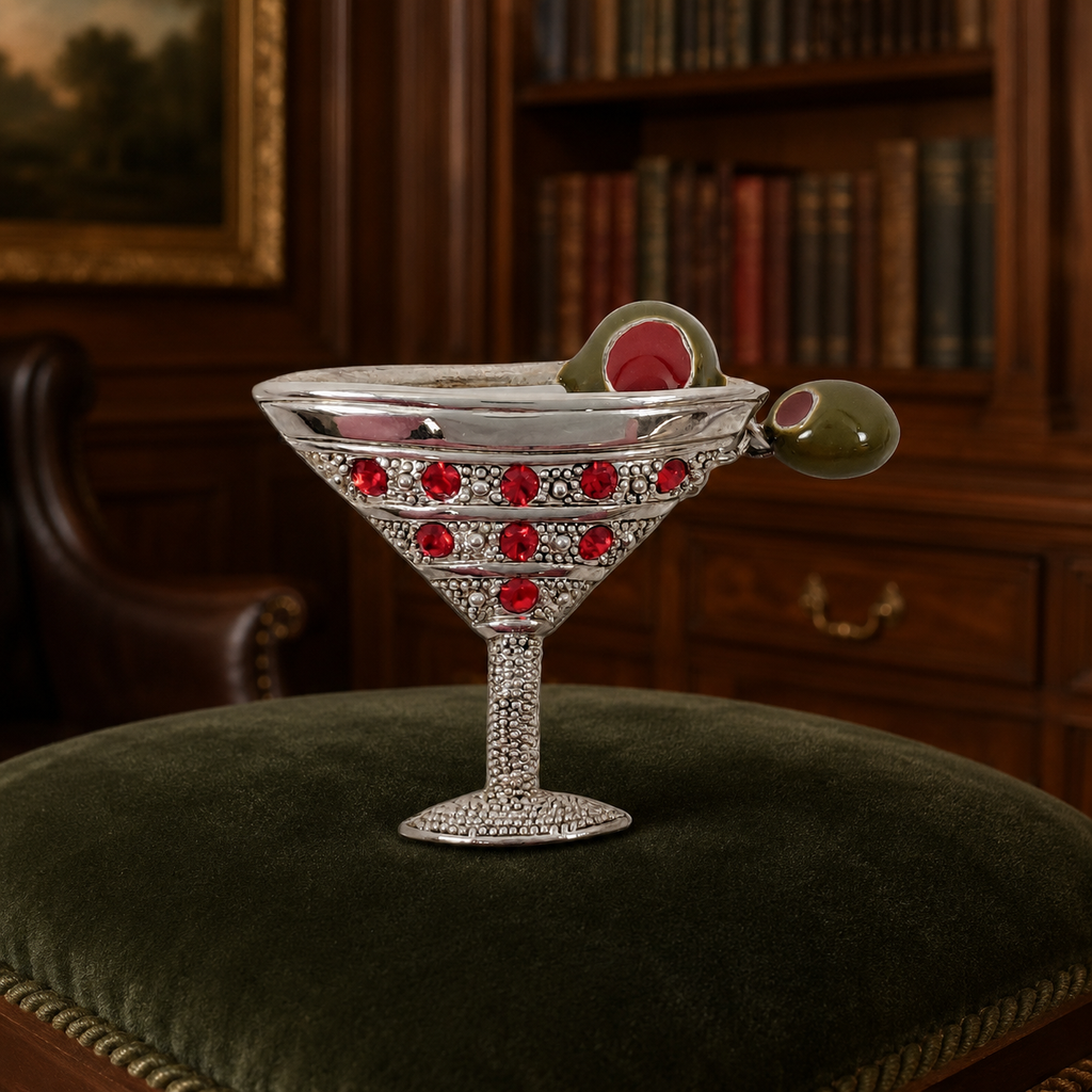 Vintage Silver-Tone, Enamel Olives & Red Crystals Martini Glass Brooch
