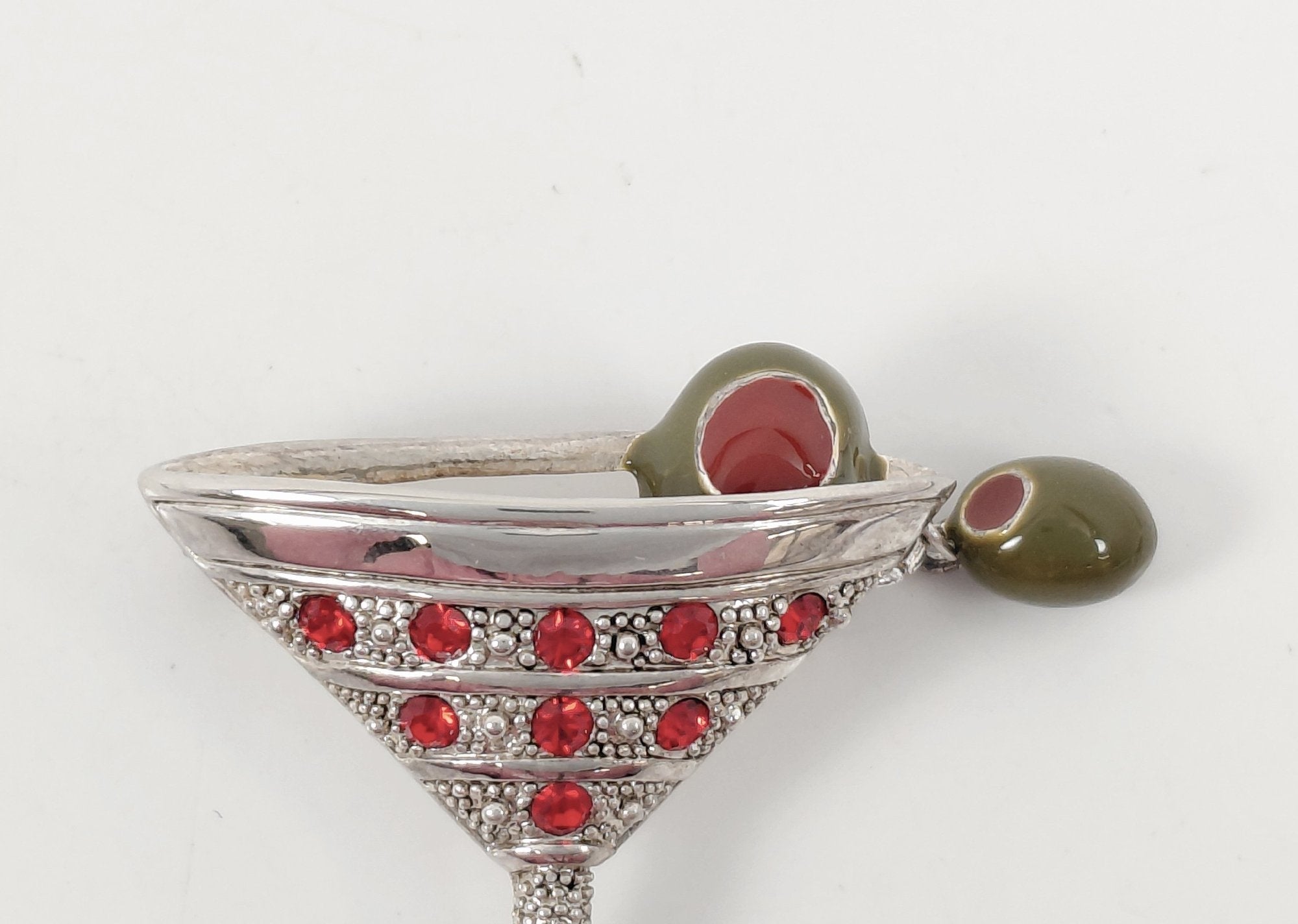 Vintage Silver-Tone, Enamel Olives & Red Crystals Martini Glass Brooch