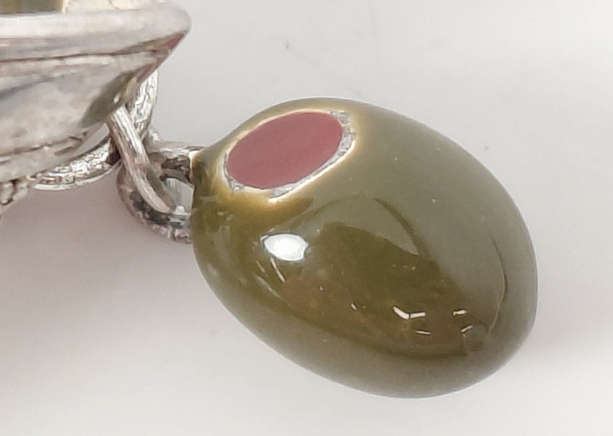 Vintage Silver-Tone, Enamel Olives & Red Crystals Martini Glass Brooch