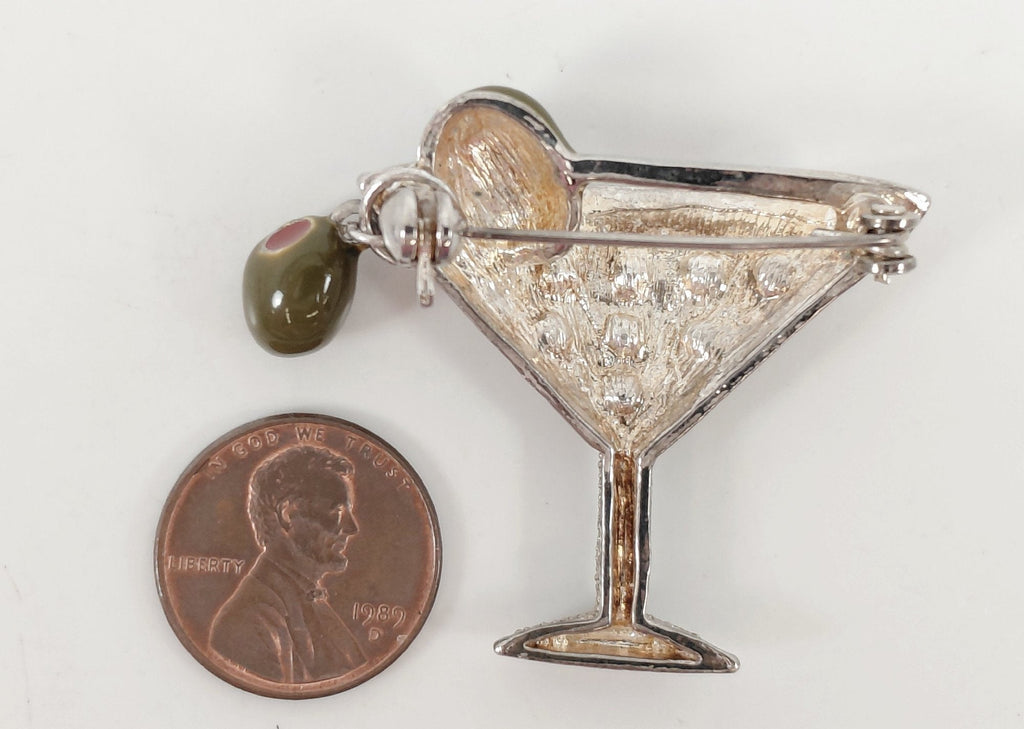 Vintage Silver-Tone, Enamel Olives & Red Crystals Martini Glass Brooch