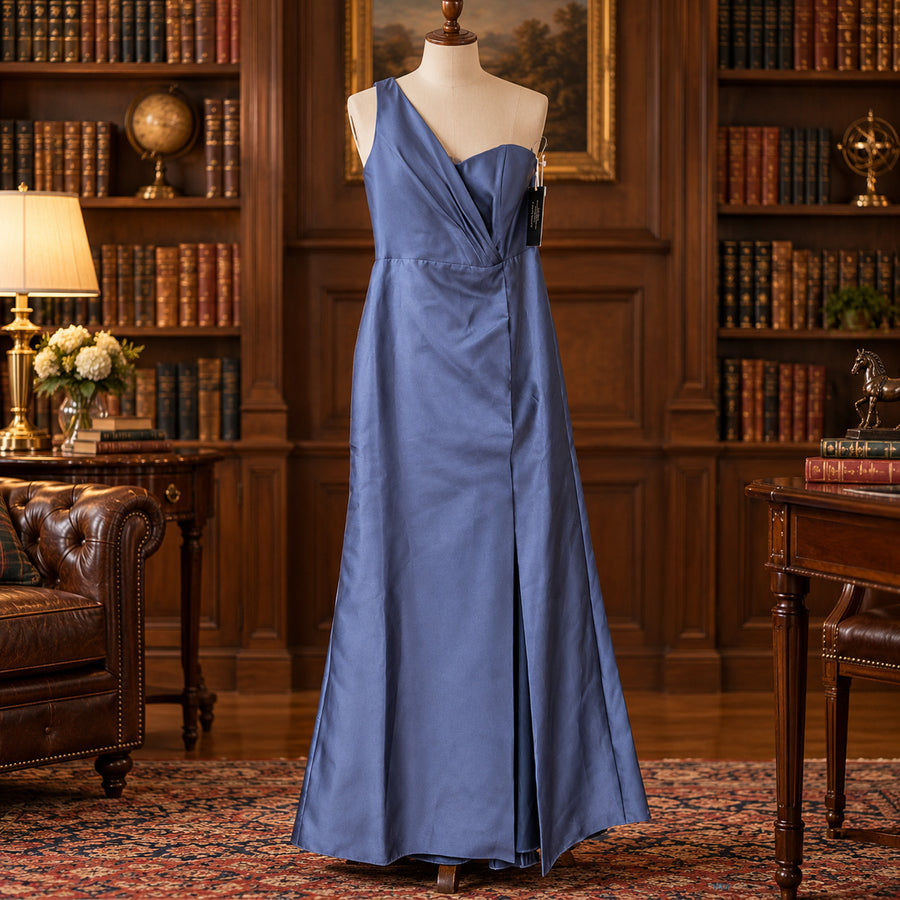 CONTEMPORARY Alfred Sung Style D827 Midnight Navy Sateen Twill One-Shoulder Draped Full-Length Bridesmaid Gown, Size 12, New with Tags
