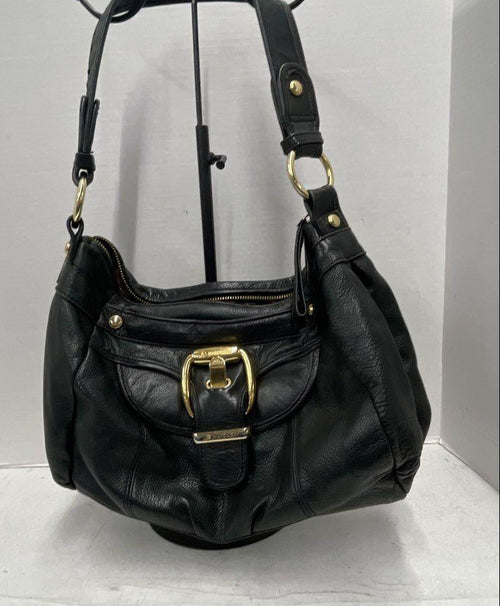 B Makowsky Black Leather Hobo Shoulder Bag Gold Hardware