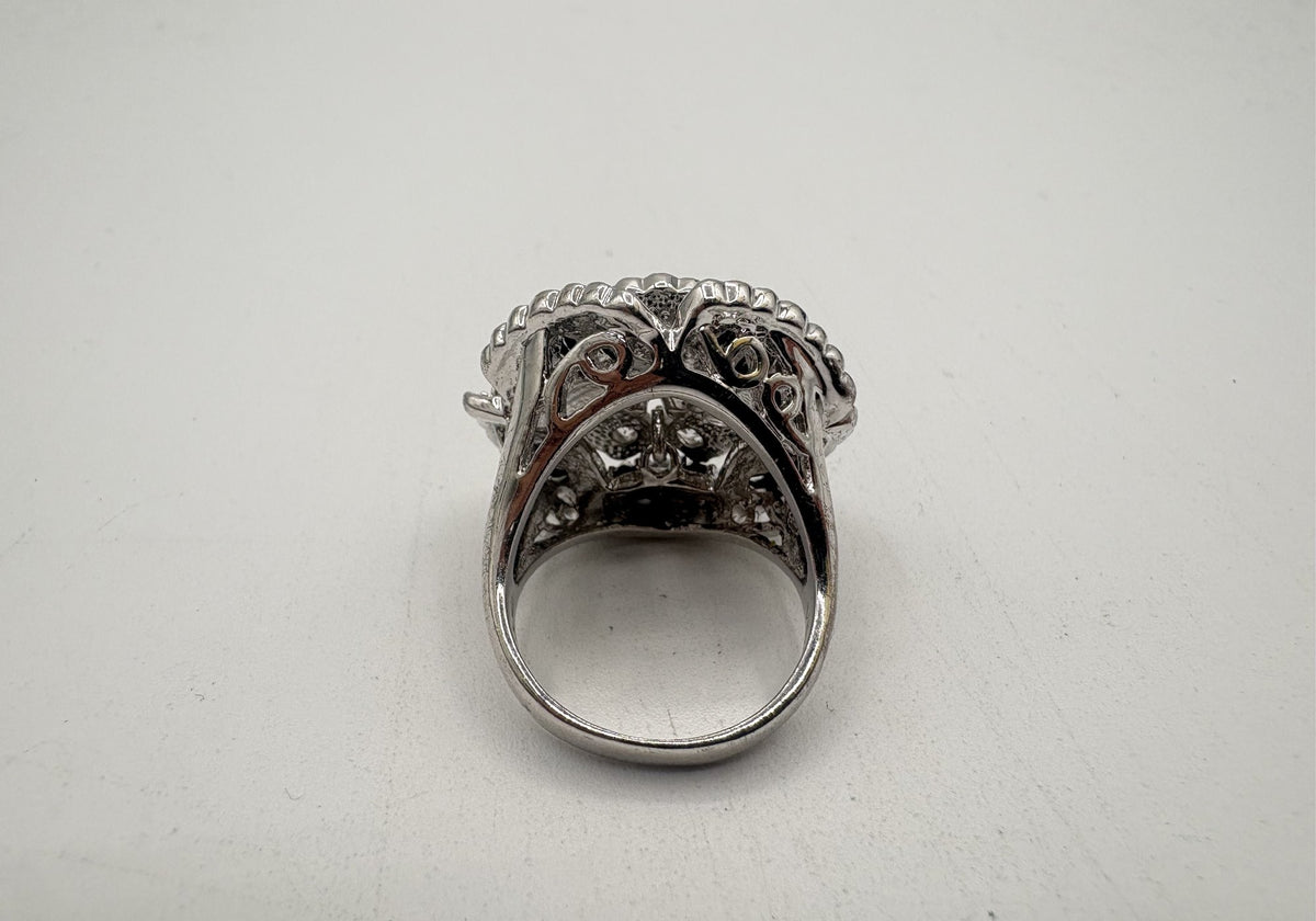 Statement ring with layered floral clusters of black and clear rhinestones, view 5