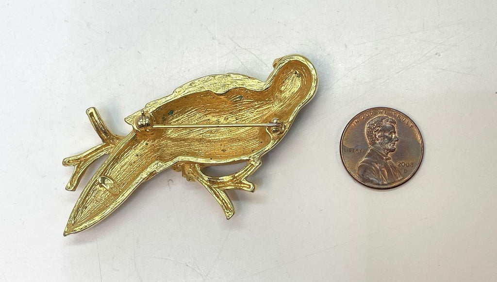 Gold Tone Green Enamel Avon Parrot Brooch w/Rhinestones 22.7g