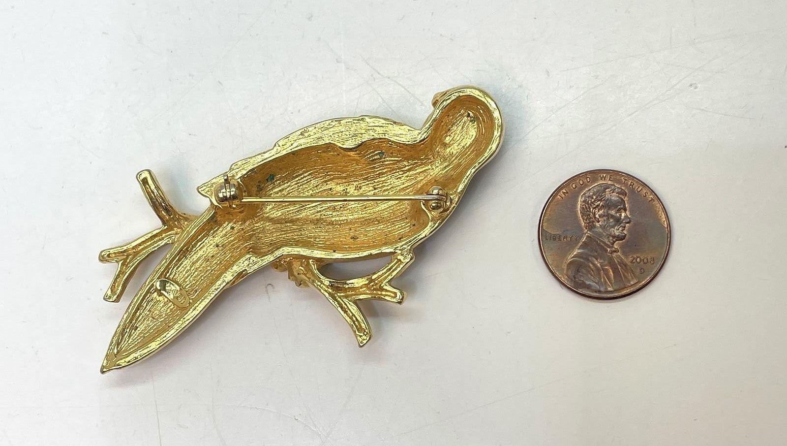 Gold Tone Green Enamel Avon Parrot Brooch w/Rhinestones 22.7g