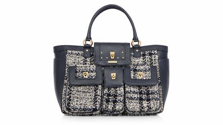Tweed and black leather shoulder bag with turn-lock front pockets and gold-tone hardware, view 2