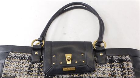 Tweed and black leather shoulder bag with turn-lock front pockets and gold-tone hardware, view 3