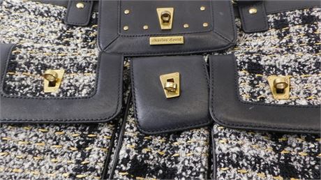 Tweed and black leather shoulder bag with turn-lock front pockets and gold-tone hardware, view 7