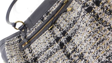 Tweed and black leather shoulder bag with turn-lock front pockets and gold-tone hardware, view 9