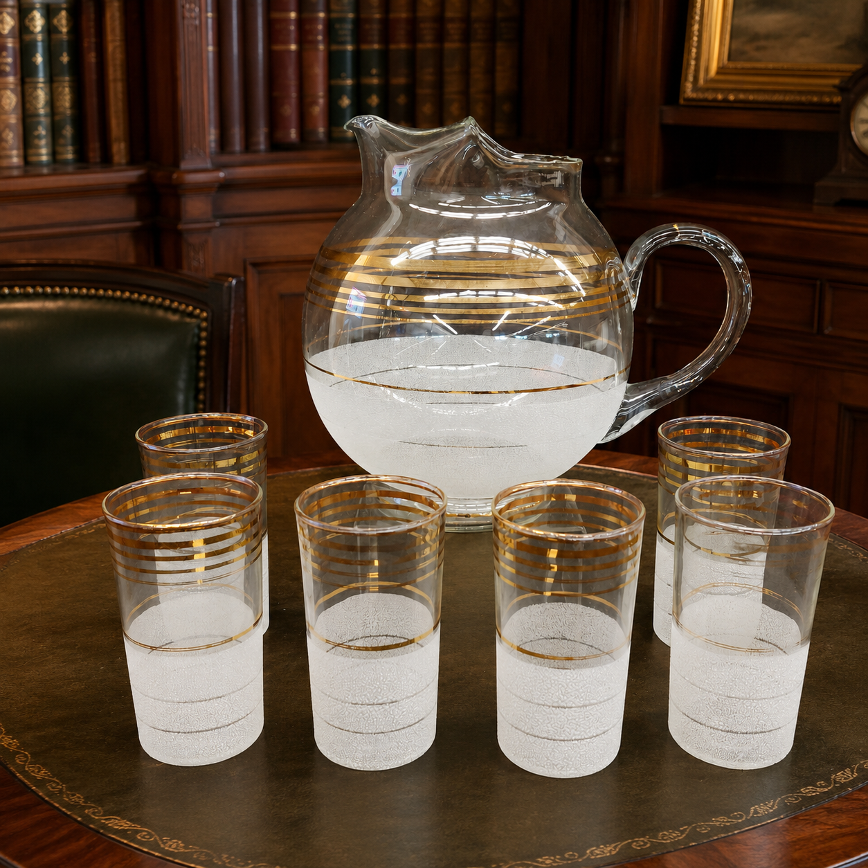 Vintage Glass Pitcher and 6 Tumblers Set Clear White Texture Gold Bands