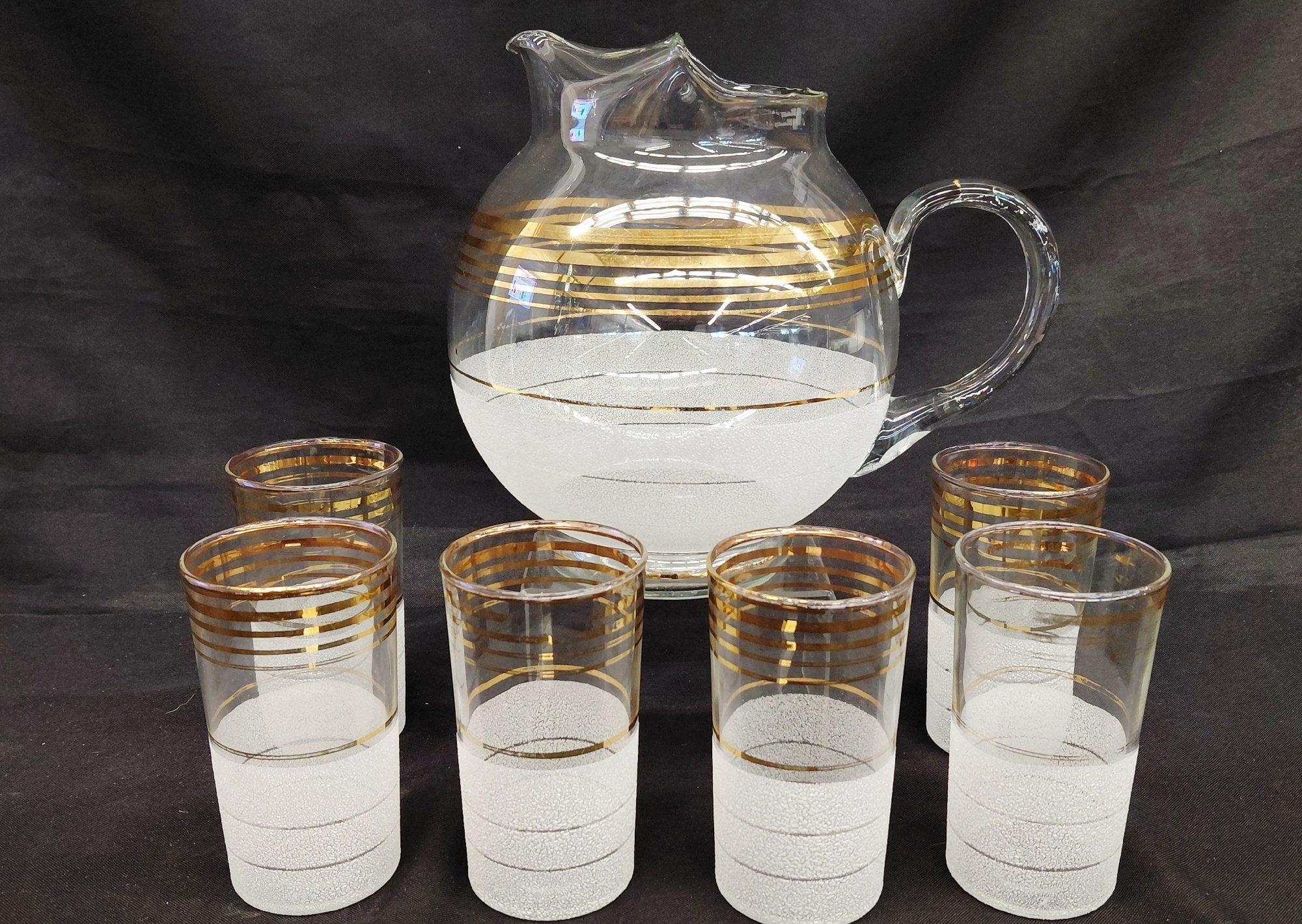 Vintage Glass Pitcher and 6 Tumblers Set Clear White Texture Gold Bands