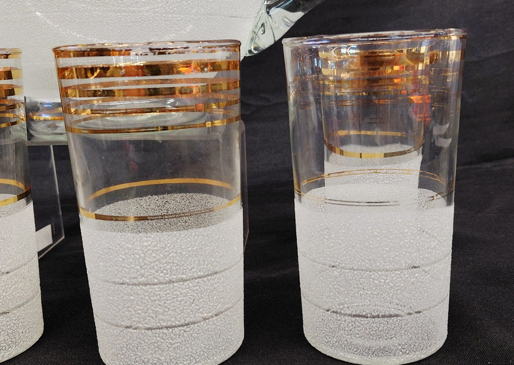 Vintage Glass Pitcher and 6 Tumblers Set Clear White Texture Gold Bands