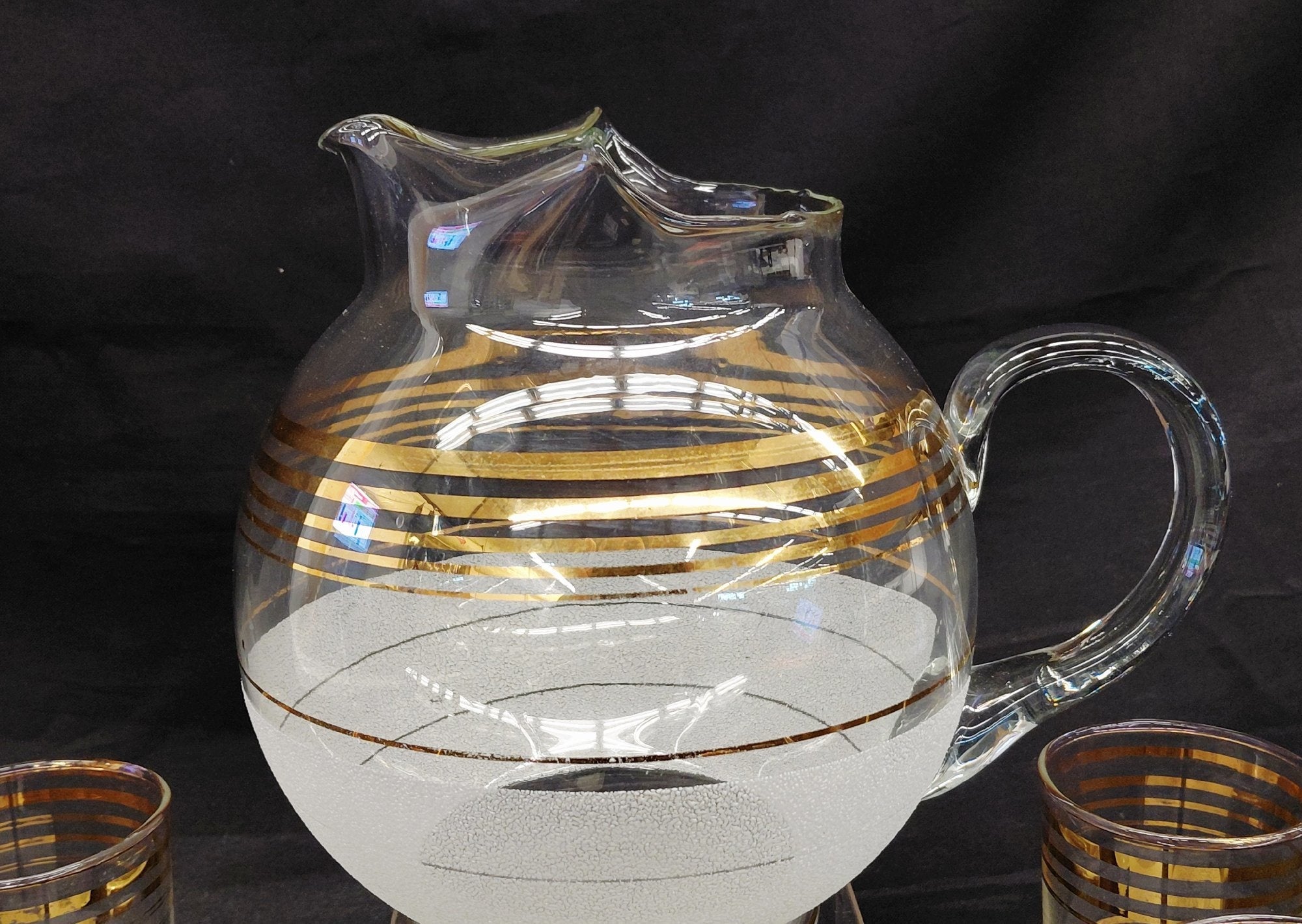 Vintage Glass Pitcher and 6 Tumblers Set Clear White Texture Gold Bands