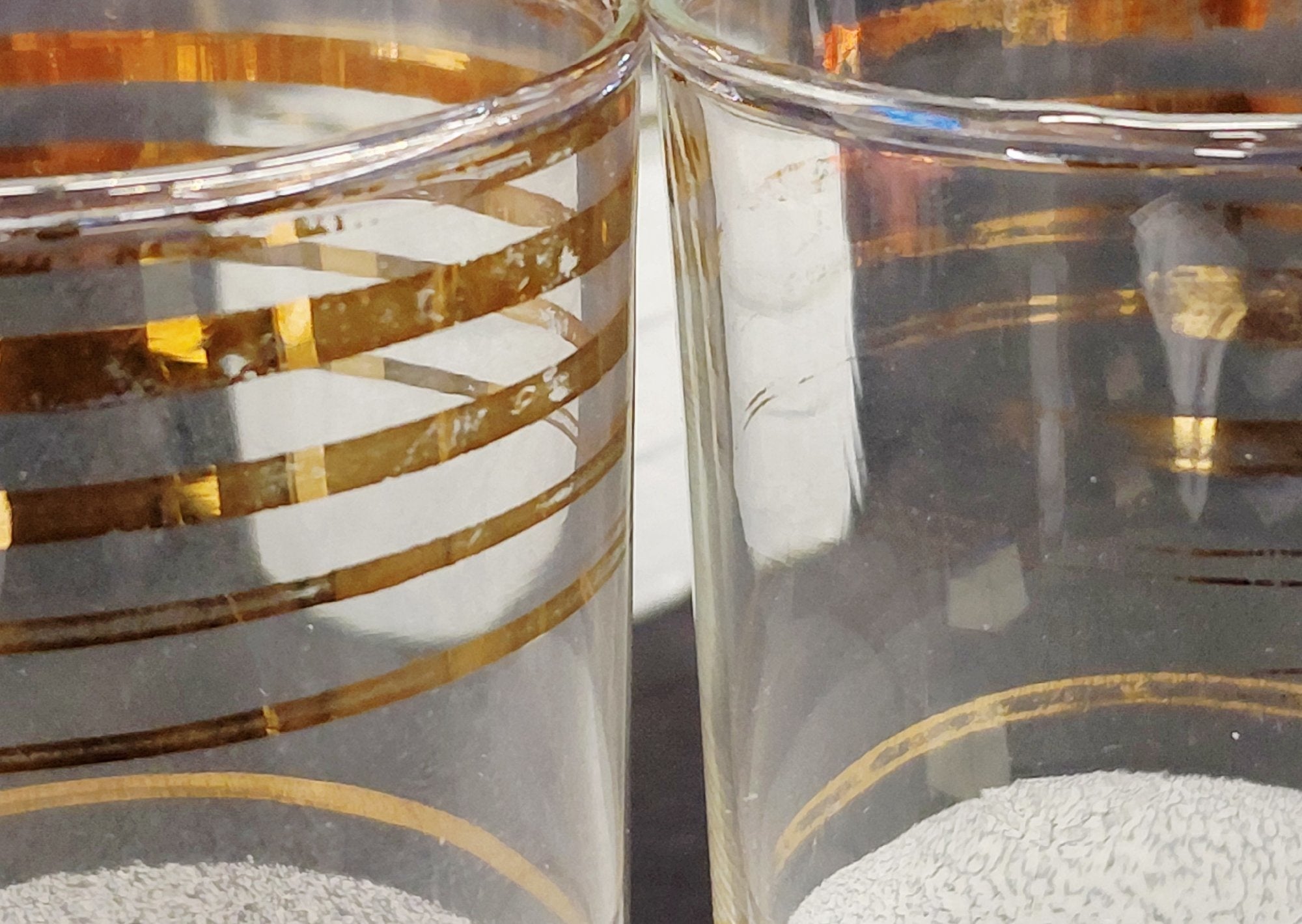 Vintage Glass Pitcher and 6 Tumblers Set Clear White Texture Gold Bands