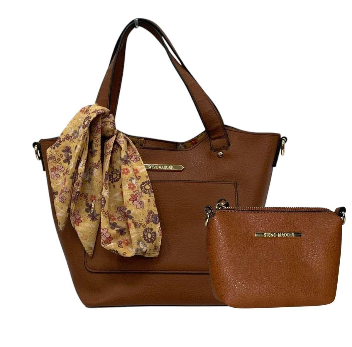 Steve Madden Tan Floral Satchel with Pouch and Scarf