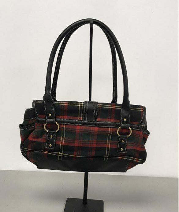 Red, green and black tartan plaid shoulder bag with black trim and gold-tone hardware, view 3