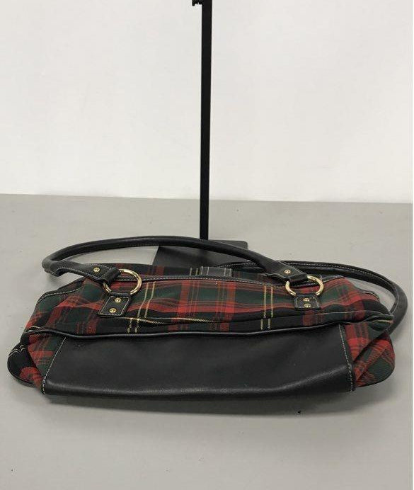 Red, green and black tartan plaid shoulder bag with black trim and gold-tone hardware, view 5
