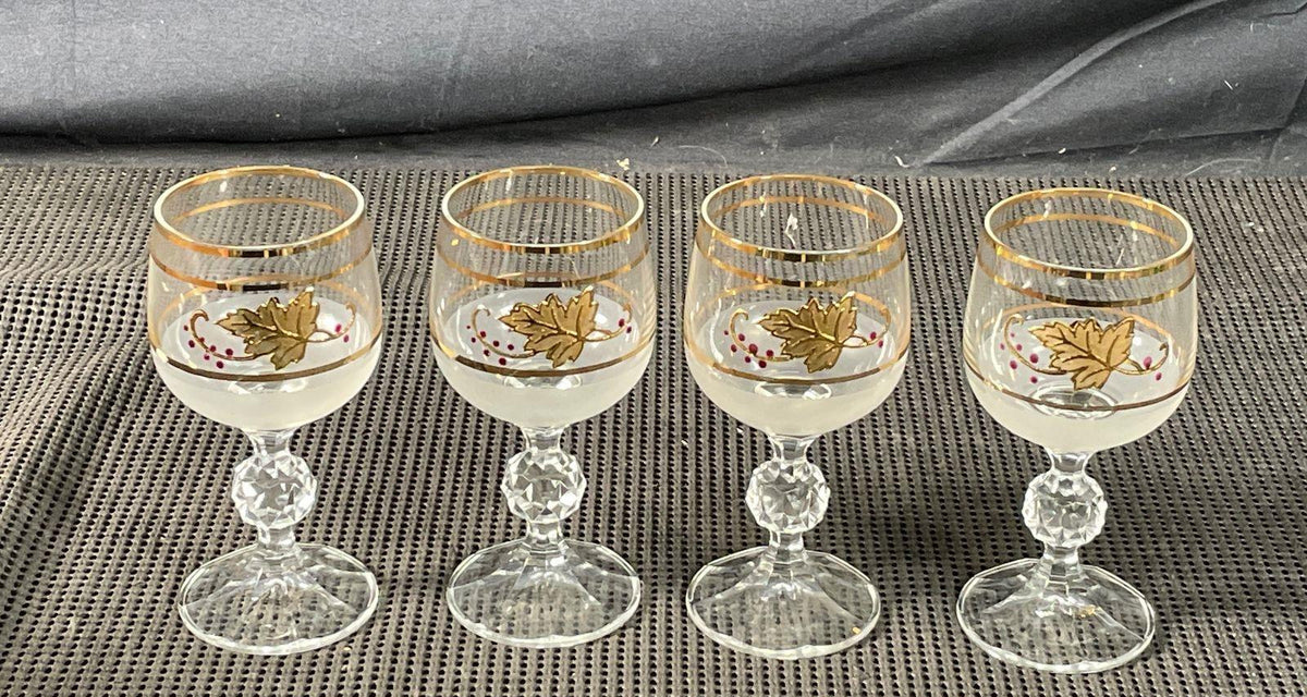 Frosted glass decanter and four cordial glasses with gold grape leaves and purple berries, view 10