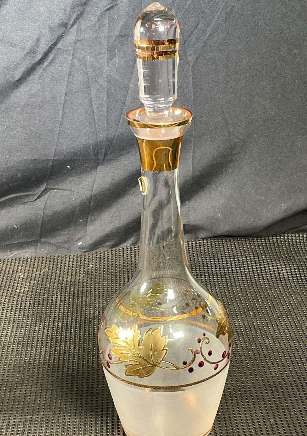 Frosted glass decanter and four cordial glasses with gold grape leaves and purple berries, view 7