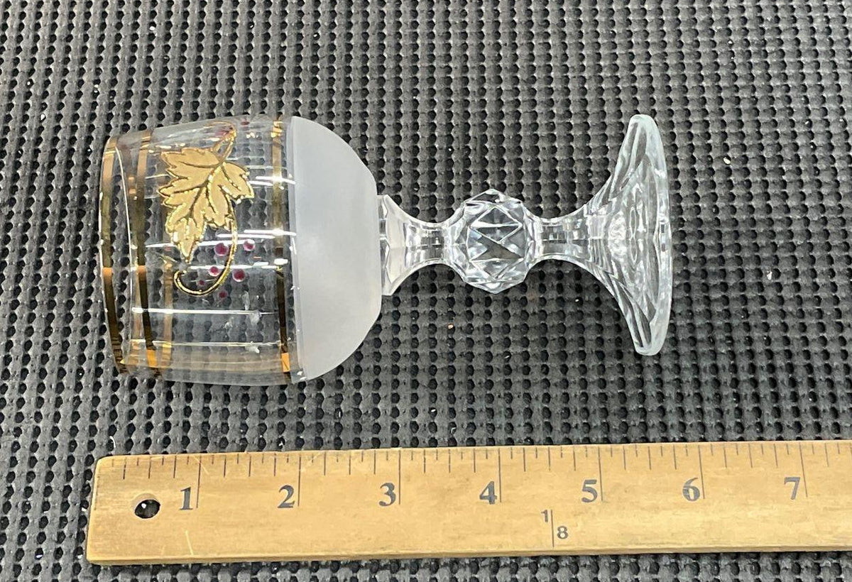 Frosted glass decanter and four cordial glasses with gold grape leaves and purple berries, view 9