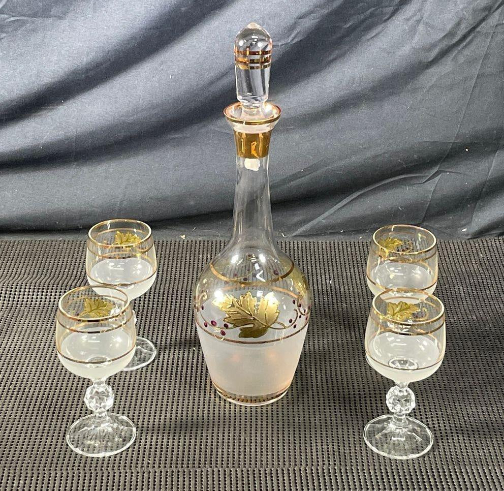 Frosted glass decanter and four cordial glasses with gold grape leaves and purple berries, view 11