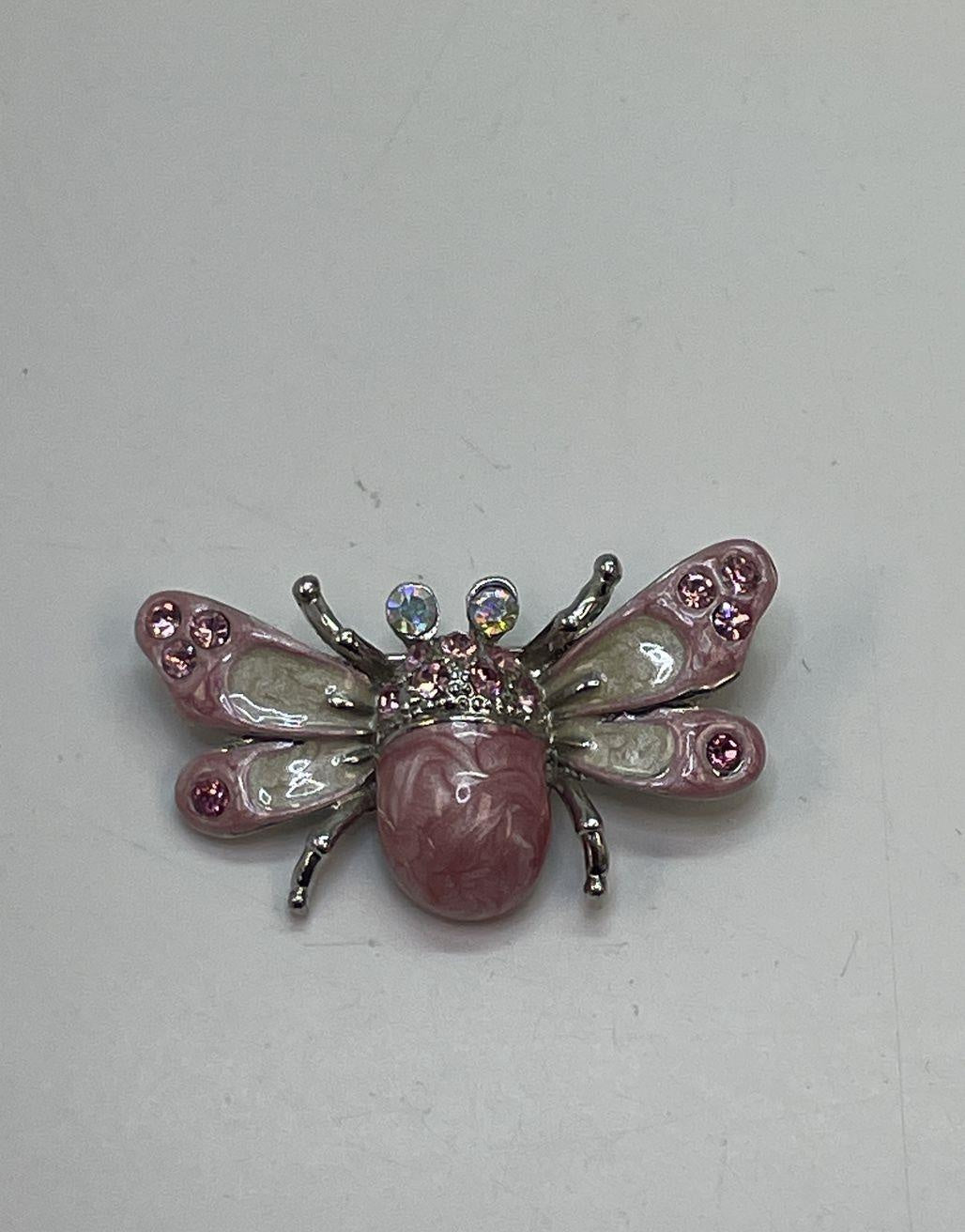 Silver-tone fly brooch with pink and cream enamel and rhinestones, view 2
