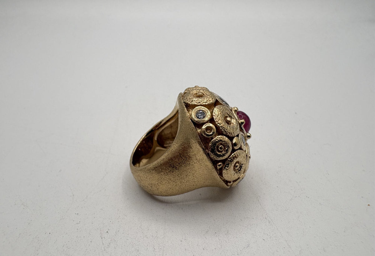 Gold-tone domed statement ring with red cabochon center and cubic zirconia accents, view 4