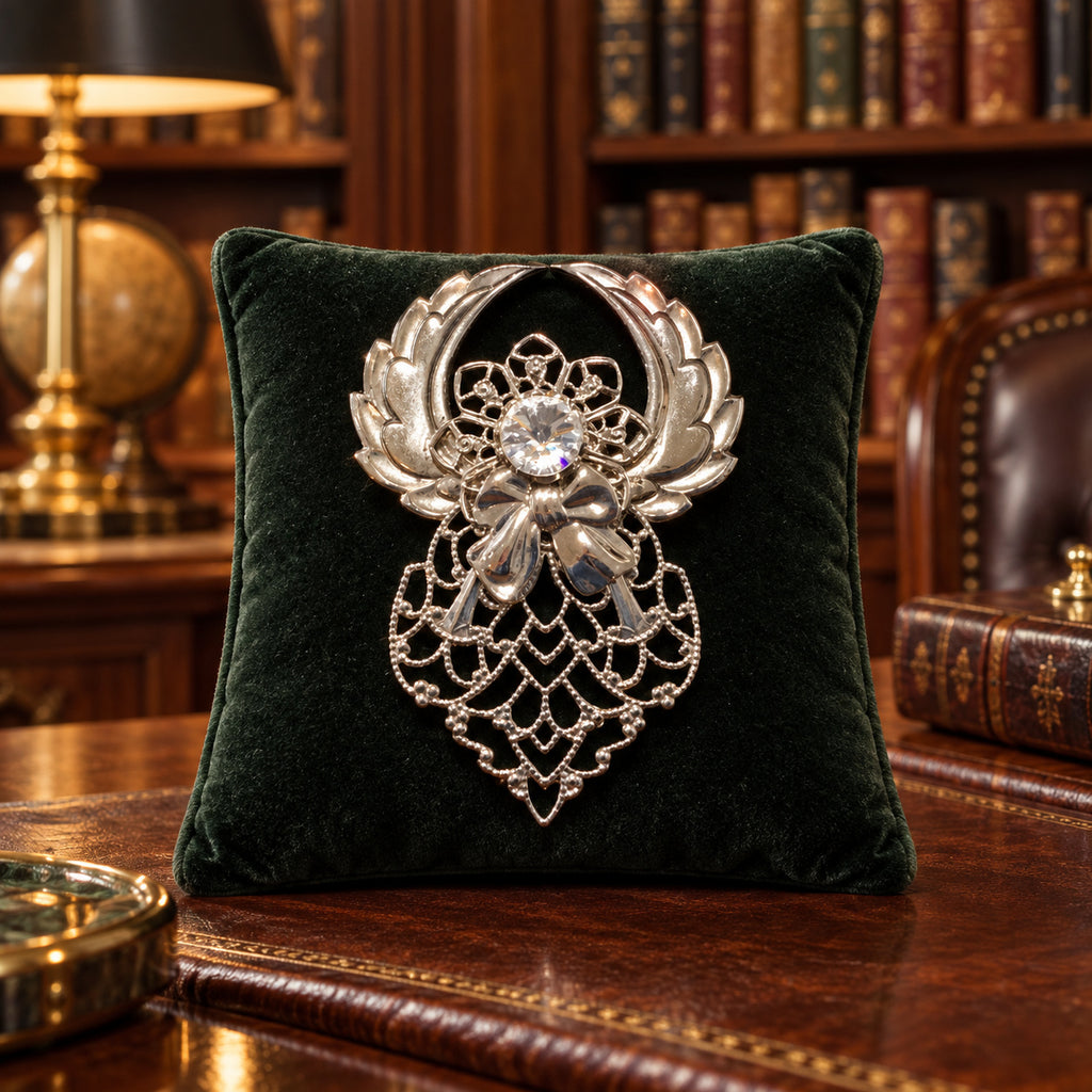 1997 Jane Davis Designs Angel of Light Silver-Tone Filigree Angel Brooch with Crystal Head and Bow, Signed Jane © 1997 AOL
