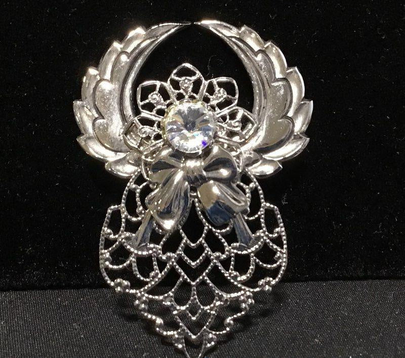 1997 Jane Davis Designs Angel of Light Silver-Tone Filigree Angel Brooch with Crystal Head and Bow, Signed Jane © 1997 AOL
