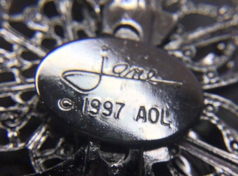 1997 Jane Davis Designs Angel of Light Silver-Tone Filigree Angel Brooch with Crystal Head and Bow, Signed Jane © 1997 AOL