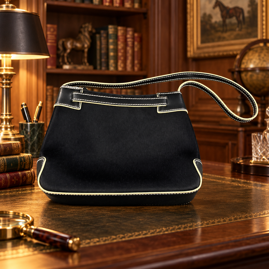 Etienne Aigner black canvas shoulder bag with white contrast stitching and silver-tone plaque