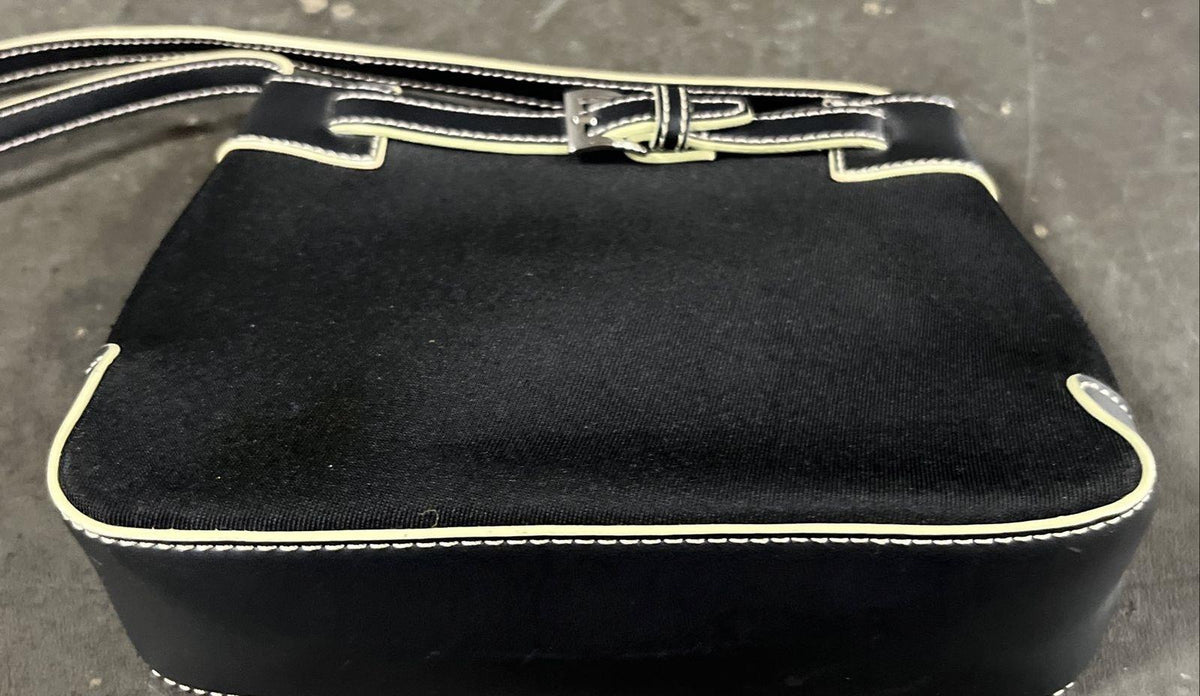 Etienne Aigner black canvas shoulder bag with white contrast stitching and silver-tone plaque, view 3