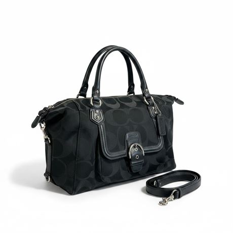 Black satin C pattern satchel with leather trim, double handles and shoulder strap, view 2