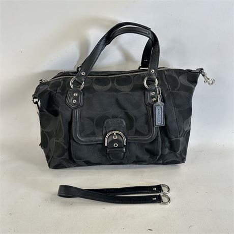 Black satin C pattern satchel with leather trim, double handles and shoulder strap, view 3