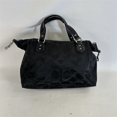 Black satin C pattern satchel with leather trim, double handles and shoulder strap, view 4