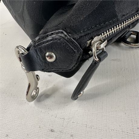 Black satin C pattern satchel with leather trim, double handles and shoulder strap, view 5